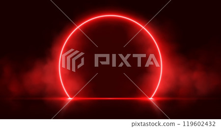 Neon arch with smoke, red glowing portal, futuristic circle gate, magic stage with vapor. Neon arch with smoke, red glowing portal, futuristic circle gate, magic stage with vapor. 119602432