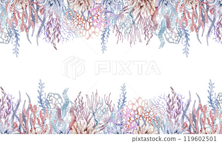 Seaweed banner Watercolor underwater board. Hand drawn cartoon marine background for design for undersea card. Celebration panoramic framework for cards for kid holiday. 119602501