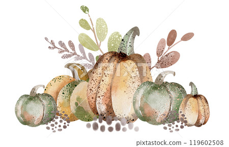 Watercolor Pumpkins cartoon illustration. Hand drawn autumn vegetable, fruit for design for Halloween card, menu. Celebration drawing cucurbits for cards for harvest holiday. 119602508