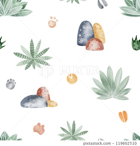 Watercolor seamless pattern cartoon landscape green leaves, stones, traces. Hand drawn cute background for children. Drawing Childish botanical design wallpaper. Simple design nature for baby textile. 119602510