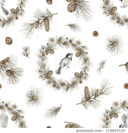 Spruce branch Watercolor Seamless pattern. Christmas plant design Hand-drawn with fir-tree, cones and pinecones on a white background. Botanical festive background. Elegant Design gift wrap. 119602520