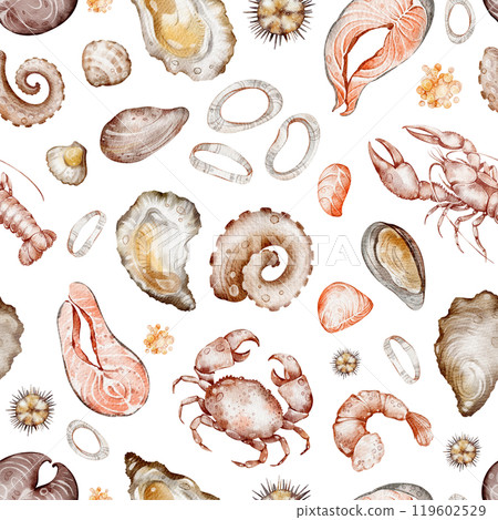 Watercolor Seafood seamless pattern on black background. Hand drawn shrimp, lobster, crab, clams, salmon for design wallpaper, print, menu. Mediterranean diet. Variety elements food in doodle style. 119602529