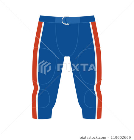 American football pants with thigh and knee pads. Professional sports player trousers. Blue and red uniform. Vector flat illustration isolated on white background 119602669