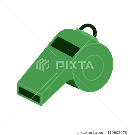 Green referee whistle. Blowing and alert tool. Sport coach equipment. Vector flat illustration isolated on white background Green referee whistle. Blowing and alert tool. Sport coach equipment. Vector flat illustration isolated on white background 119602678