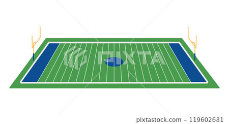 American football field with goal posts. Sports stadium ground with green grass or turf and white lines. Vector flat illustration isolated on white background 119602681
