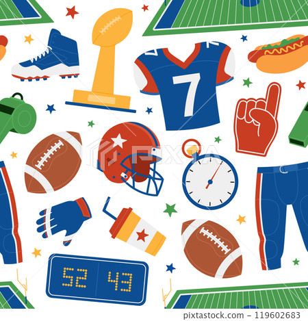American football seamless pattern with jersey, pants, prize, ball, whistle, stopwatch, scoreboard, boots, helmet, foam fingers, field, hot dog, drink and gloves. Sport game. Vector flat background 119602683