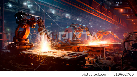 Modern robotic factory, metal processing, automobile factory - AI generated image 119602760