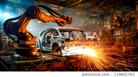 Modern robotic factory, metal processing, automobile factory - AI generated image 119602761