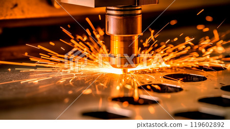 Industrial laser cutting technology, spark flat steel sheet fabrication technology - AI generated image 119602892