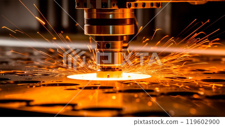 Industrial laser cutting technology, spark flat steel sheet fabrication technology - AI generated image 119602900