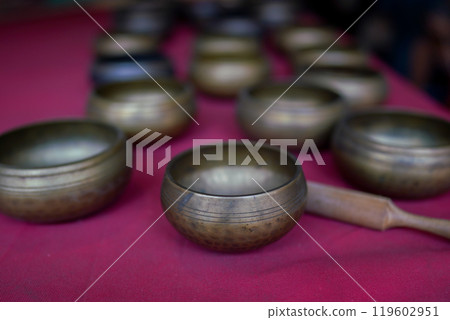 Buddhist altar implements lined up 119602951