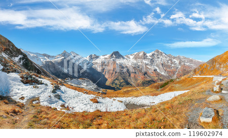 Incredible view of moutaine scenery at Grossglockner High Alpine Road during autumn. Incredible view of moutaine scenery at Grossglockner High Alpine Road during autumn. 119602974