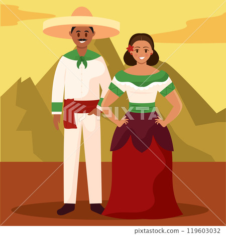 Mexican couple in traditional clothing posing outdoors, Vector Mexican couple in traditional clothing posing outdoors, Vector 119603032