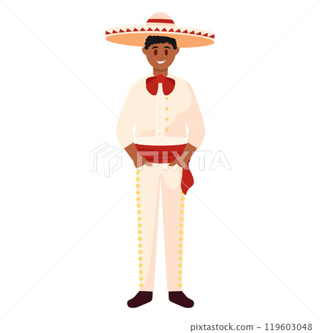 Smiling Mexican man in white charro suit with sombrero, Vector 119603048