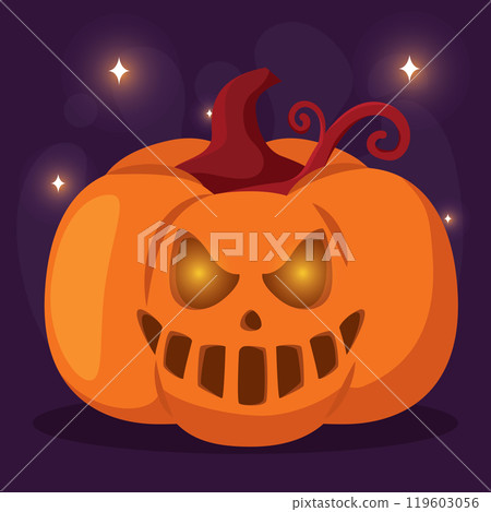 Grinning jack-o-lantern pumpkin with a skull face, Vector 119603056
