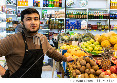 people seller caucasian market buying selling groceries man vegan vegetable shopping organic food 119603142