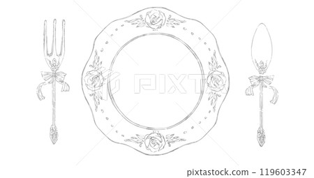 Stylish tableware illustration (vector hand-drawn antique plate knife fork) Stylish tableware illustration (vector hand-drawn antique plate knife fork) 119603347