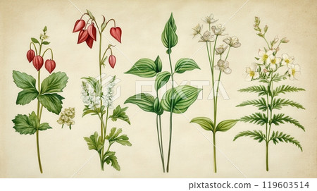 Detailed botanical watercolor illustration on light background 119603514