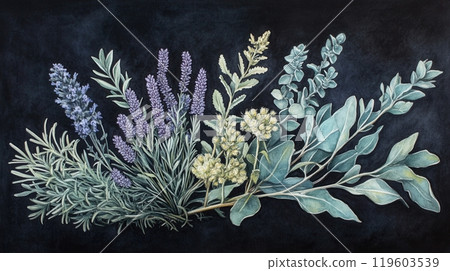 Detailed botanical watercolor illustration on dark 119603539