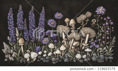Botanical illustration with plants and mushrooms 119603579