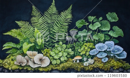 Botanical illustration with plants and mushrooms 119603580