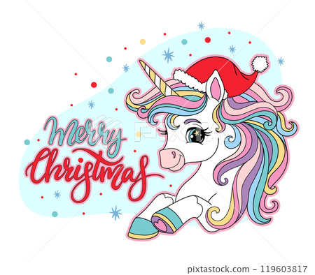 Christmas Unicorn and lettering merry Christmas vector card Christmas Unicorn and lettering merry Christmas vector card 119603817