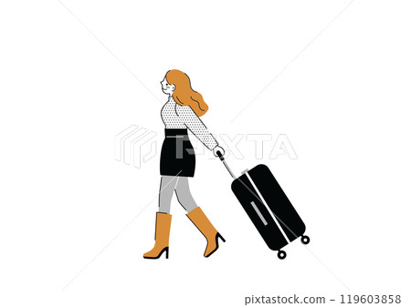 A wavy-haired woman pulling a suitcase 119603858