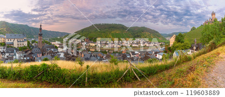 Panoramic view of Cochem with Moselle river and castle, Cochem, Germany Panoramic view of Cochem with Moselle river and castle, Cochem, Germany 119603889