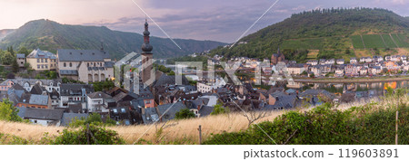 Cochem city and Moselle arm at dusk, Cochem, Germany 119603891