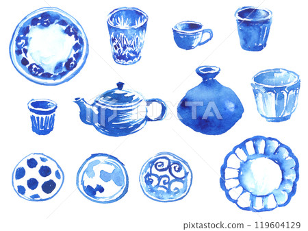 水墨風格的各種瓷器和陶器插圖集 119604129