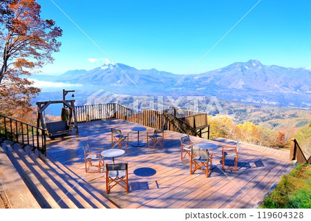 從斑尾山野尻湖甲板上看到的野尻湖和北神五山 119604328