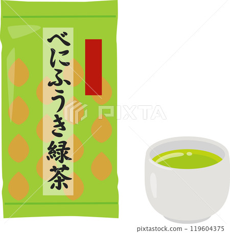 Benifuuki green tea in a bag and green tea in a teacup Benifuuki green tea in a bag and green tea in a teacup 119604375