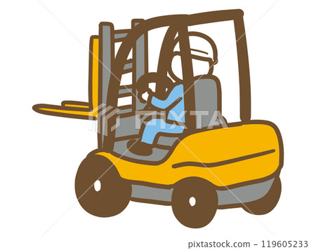 A man in work clothes driving a forklift from behind 119605233