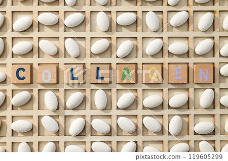 The inscription collagen on small wooden cubes The inscription collagen on small wooden cubes 119605299