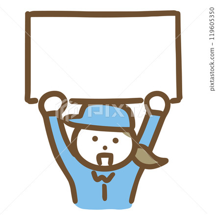 A woman in work clothes presenting a white panel 119605350