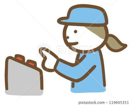 A woman in work clothes pressing a machine button (upper body) 119605351