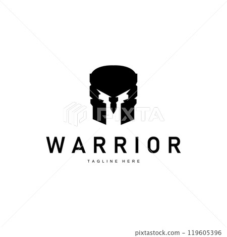 Spartan logo, barbarian warrior badge design simple silhouette spartan war helmet vector Spartan logo, barbarian warrior badge design simple silhouette spartan war helmet vector 119605396