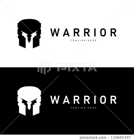 Spartan logo, barbarian warrior badge design simple silhouette spartan war helmet vector 119605397
