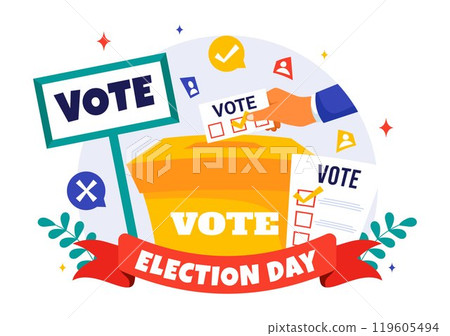 Election Day Political Vector Illustration featuring Voters Casting Ballots at a Polling Station with Global Representation in a Flat Background Election Day Political Vector Illustration featuring Voters Casting Ballots at a Polling Station with Global Representation in a Flat Background 119605494