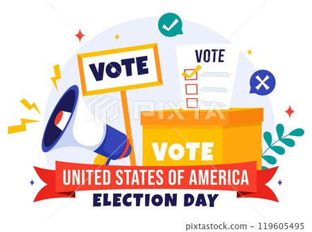 Election Day Political Vector Illustration featuring Voters Casting Ballots at a Polling Station with Global Representation in a Flat Background 119605495