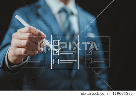 Strategic task management for business success. Importance of planning and ticking off key tasks to ensure progress and achievement in professional environments. 119605555