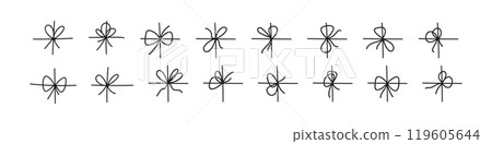 Black bow with tied rope and ribbon knot. Simple line design of string and thread for gift wrapping or marine cord. Flat vector illustration isolated on white background. Black bow with tied rope and ribbon knot. Simple line design of string and thread for gift wrapping or marine cord. Flat vector illustration isolated on white background. 119605644