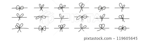 Black bow with tied rope and ribbon knot. Simple line design of string and thread for gift wrapping or marine cord. Flat vector illustration isolated on white background. 119605645