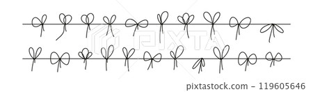 Black bow with tied rope and ribbon knot. Simple line design of string and thread for gift wrapping or marine cord. Flat vector illustration isolated on white background. 119605646