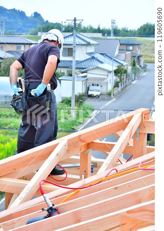 A two-story wooden house built using the wooden frame construction method by carpenters and other craftsmen. A two-story wooden house built using the wooden frame construction method by carpenters and other craftsmen. 119605690