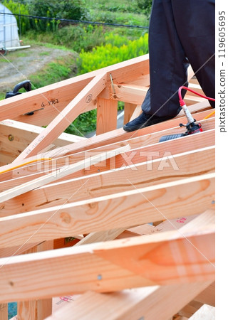 A two-story wooden house built using the wooden frame construction method by carpenters and other craftsmen. 119605695