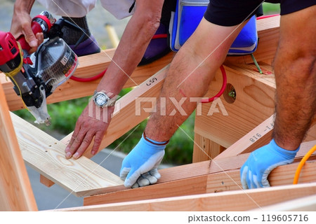 A two-story wooden house built using the wooden frame construction method by carpenters and other craftsmen. 119605716
