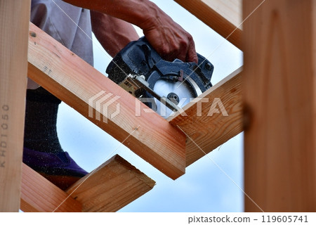 由木匠和其他工匠採用木框架建造方法建造的兩層木屋。 由木匠和其他工匠採用木框架建造方法建造的兩層木屋。 119605741