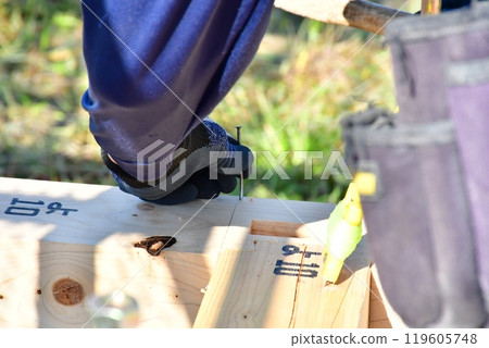 由木匠和其他工匠採用木框架建造方法建造的兩層木屋。 119605748