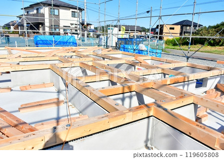 The combination of the foundation, foundation packing, and base, which are the core of a house 119605808